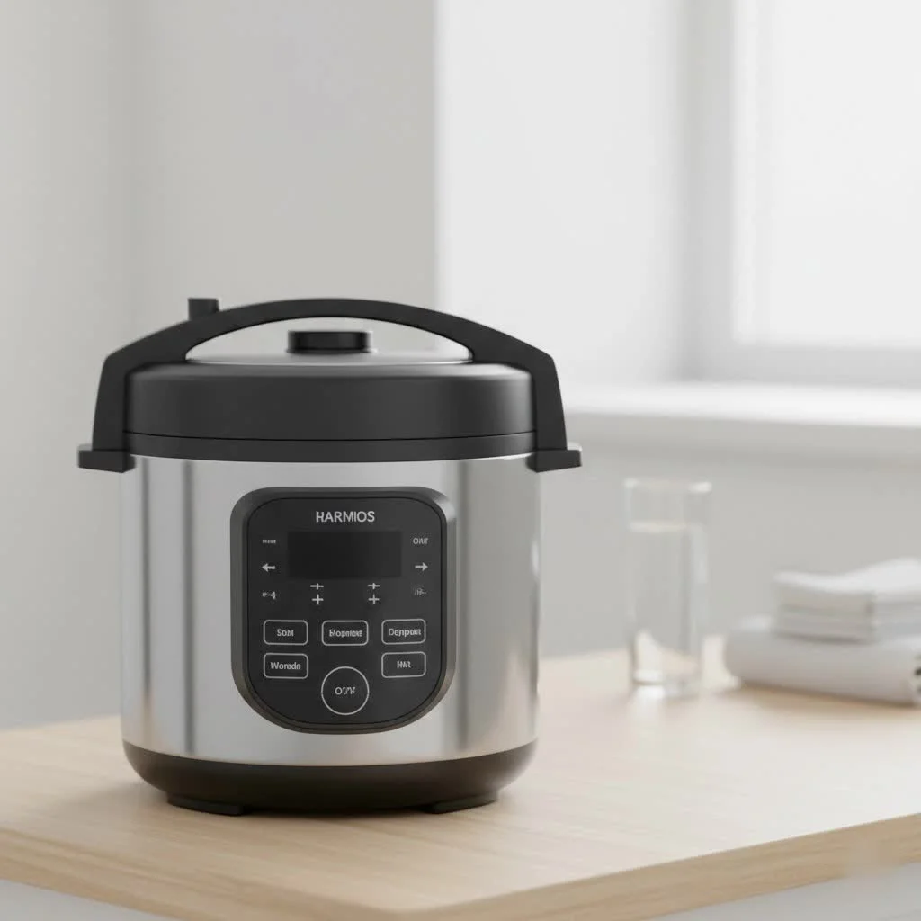 A modern kitchen with a pressure cooker on the counter