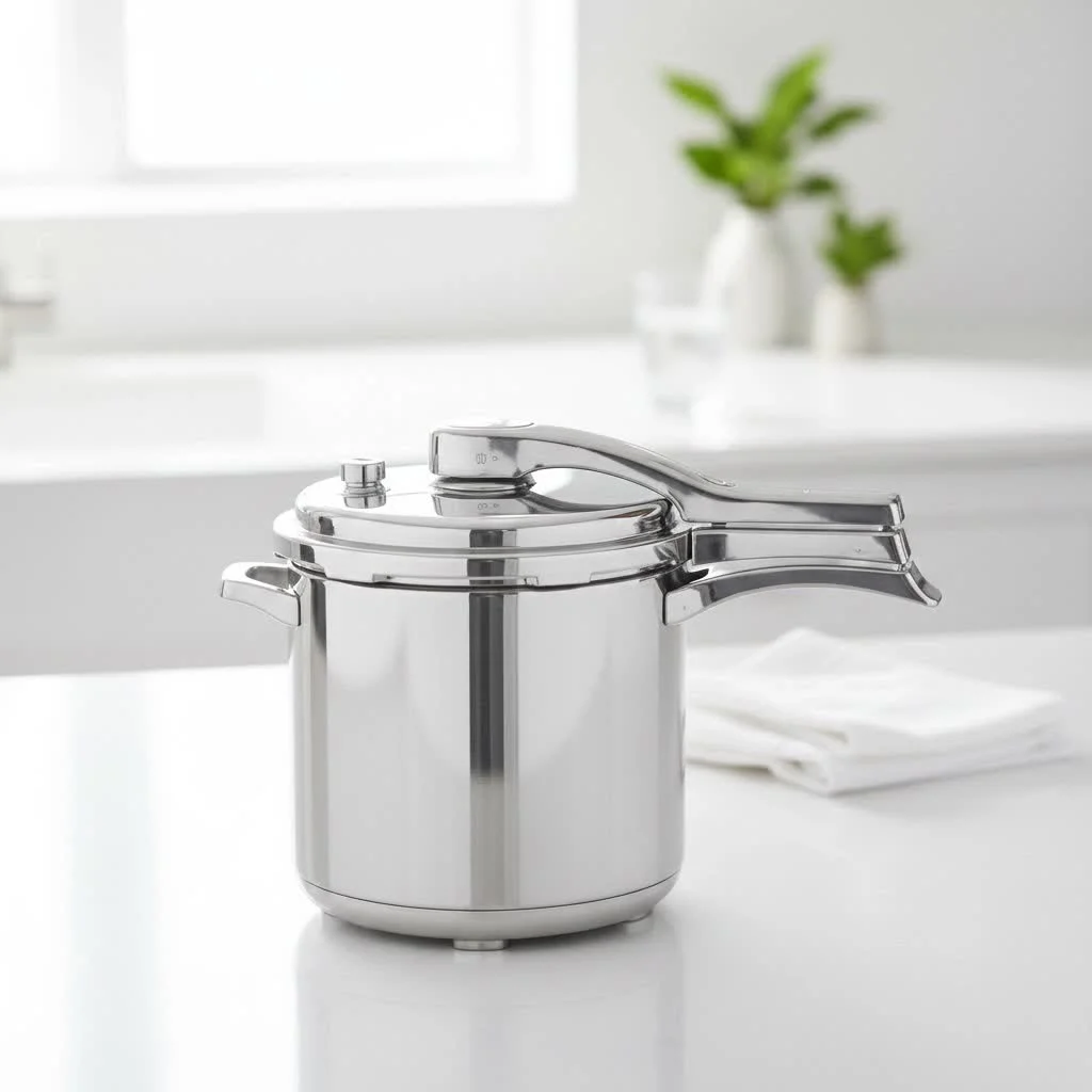 Stainless steel pressure cooker on a kitchen counter